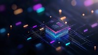 Futuristic microchip processor on circuit board with glowing neon connections and bokeh light effects in purple and blue tones against dark background.
