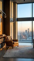 Modern luxury apartment interior with leather armchair and city skyline view through floor-to-ceiling windows at sunset for contemporary living design.