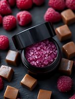 Pink bath salt in black jar surrounded by fresh raspberries and caramel candy pieces on dark slate background, luxury spa and wellness concept.
