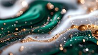 Abstract emerald green and gold liquid waves with sparkling particles and bokeh lights creating luxurious flowing motion for elegant backgrounds and designs.