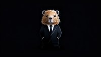Stylized hamster character in formal black business suit and tie standing against dark background, anthropomorphic animal art for business concepts.
