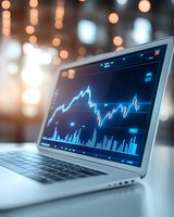 Financial market data displayed on laptop screen with stock chart and trading volume indicators against blurred bokeh background, modern business analysis concept.