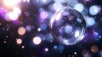 Clear glass Christmas ornament hanging against sparkling bokeh lights background with purple and pink holiday glow for festive decorations and celebrations.