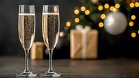 Sparkling champagne flutes with bubbles against blurred Christmas background with golden lights, ornaments and wrapped gift box on dark surface.