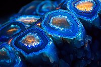 Vibrant blue agate crystal slice with golden centers showing natural mineral formation patterns in macro photography against dark background. Geological specimen.