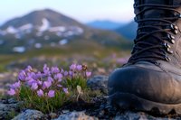 Hiking boot next to delicate purple mountain wildflowers blooming among rocks, with snow-capped peaks and alpine meadows in soft focus background.