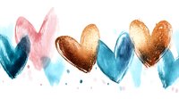 Watercolor hearts in pink, blue and copper metallic colors on white background create romantic pattern for wedding invitations and valentines designs.