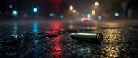 Spent bullet casing lies on wet asphalt street with colorful bokeh lights reflecting off rain-soaked pavement, creating moody urban crime scene atmosphere for film, gaming, or thriller projects.