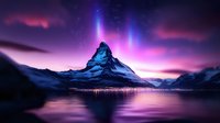 Majestic mountain peak reflecting in calm lake water under vibrant aurora borealis and starry night sky with purple and pink clouds creating magical atmosphere.