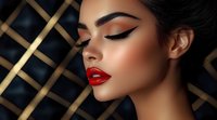 Young Hispanic woman with dramatic makeup, red lips, and perfect winged eyeliner against geometric gold pattern background, showcasing professional beauty artistry.
