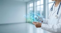 Doctor holding tablet with glowing brain hologram in modern medical office, representing digital healthcare technology and neurological innovation.