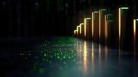 Glowing neon lines and green bokeh lights create atmospheric perspective on dark reflective surface, modern minimalist abstract background for technology designs.
