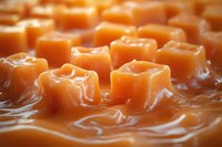 Soft caramel candy cubes melting in warm caramel sauce creating smooth swirls and ripples, macro food photography with selective focus and warm lighting.