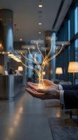 Businessman holding glowing tree with illuminated branches displaying organizational chart labels in modern office environment, representing business growth and corporate structure strategy.