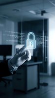 Businessman hand touching digital security lock icon with binary code data protection concept in modern office environment for cybersecurity solutions.