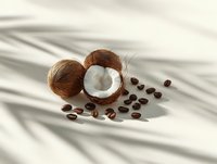 Fresh coconut halves with white flesh and scattered coffee beans on white background with soft palm leaf shadows for food marketing.