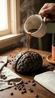 Hand pouring hot coffee over brain-shaped chocolate cake with coffee beans scattered on wooden table near notebook and window light.