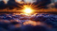 Dramatic golden sunrise breaking through fluffy clouds with radiant sunburst and warm orange light illuminating purple-tinted cloudscape from above.