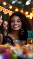 Young woman with curly hair and colorful earrings smiling at outdoor party with string lights and decorative banners. Warm evening atmosphere with festive mood.