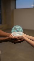 Hands holding glowing translucent sphere with ethereal light effects in modern interior space for teamwork and collaboration concepts.