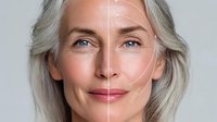Portrait of mature woman with silver hair showing skin transformation, beauty comparison with half face retouched for anti-aging skincare advertising.