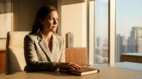 Middle-aged woman, Caucasian ethnicity, professional businesswoman in beige blazer sitting at desk with tablet, modern office with city skyline view through floor-to-ceiling windows, corporate workspace setting for business, leadership, and professional themes.