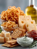 Appetizer platter with cheese cubes, crackers, curly snacks, and dipping sauces for party entertaining or gourmet food service.