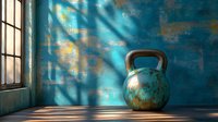 Turquoise kettlebell on wooden floor with dramatic window light casting shadows, rustic blue wall texture and sunbeams creating moody fitness atmosphere.