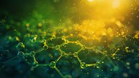 Glowing molecular structure with green and yellow bokeh effect against dark background, scientific concept for chemistry, biology and medical research.
