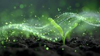 Young green sprout growing from soil with magical glowing particles and light trails, representing growth, nature awakening and environmental concepts.