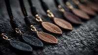Handcrafted leather pendants with leaf design on black cord necklaces, featuring detailed texture pattern in dark and copper tones against textured fabric background.