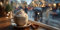 Cozy hot chocolate with whipped cream and cinnamon sticks by frosted window with warm bokeh lights creating festive winter atmosphere for holidays.