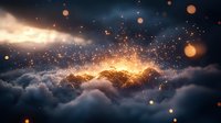 Dramatic sunset sky above fluffy clouds with glowing light rays and magical bokeh particles creating ethereal atmosphere in dark stormy weather.