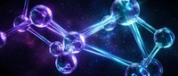 Glowing neon molecular structures with purple and cyan atoms connected by illuminated bonds against dark space background for science and technology concepts.