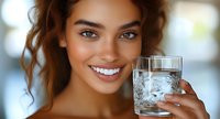 Young mixed race woman with curly hair and bright smile holding glass of pure water against blurred background, promoting healthy lifestyle and hydration.