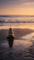 Zen stone stack balanced on wet beach sand with ocean waves and golden sunset sky creating peaceful meditation atmosphere for wellness and mindfulness concepts.