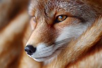 Close up portrait of red fox face showing detailed fur texture and amber eye against blurred natural background, wildlife photography macro shot.
