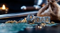 Glowing ice cubes with golden letters on dark background with scattered gold nuggets, candle light and burlap sack create magical fantasy atmosphere.