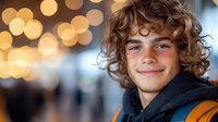 Young person with curly hair and warm smile against blurred bokeh lights background, wearing casual hoodie and backpack, expressing genuine happiness.
