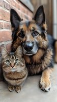 Close-up portrait of German Shepherd dog and tabby cat sitting together against brick wall background, showing friendship between pets and their expressive eyes.