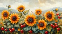 Vibrant sunflowers and red berries growing together in a lush garden landscape against a soft mountain backdrop.