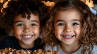 Two smiling children with curly hair and braces share joyful expressions while looking up, warm bokeh lighting creates magical atmosphere in background.