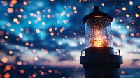 Glowing lighthouse beacon against dark blue sky with magical bokeh lights and sparkles in background creates dreamy maritime atmosphere. Perfect for seasonal designs.