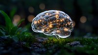 Glowing brain floating over mossy forest ground with magical light effects and bokeh background, concept of mind, consciousness and artificial intelligence.