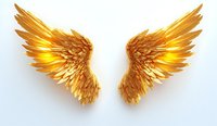Metallic gold angel wings spread wide against white background, detailed feather texture with luminous glow effect, isolated design element for creative projects.