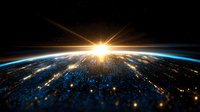 Futuristic digital landscape with glowing sunrise over horizon, streaming light rays and illuminated data points creating depth perspective on dark background.