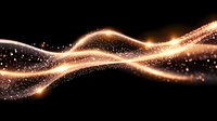 Glowing golden light waves with sparkling particles flowing on black background, abstract luminous curved lines with magical stardust effect. Perfect for festive designs.