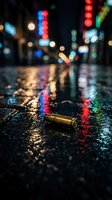 Spent bullet casing lies on wet urban street at night with colorful neon lights reflecting on pavement, suitable for crime, danger, and city noir concepts.