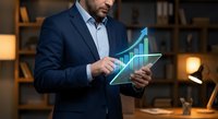 Professional businessman analyzing holographic growth chart on tablet in modern office environment for financial planning and data visualization.