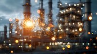 Industrial refinery at dusk with glowing lights and bokeh effects creating atmospheric mood, energy production facility with dramatic evening sky.